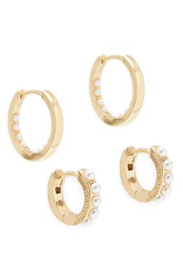 AllSaints Set of 2 Imitation Pearl Huggie Hoop Earrings in Pearl/Gold