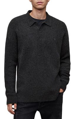 AllSaints Shapley Rib Long Sleeve Polo Sweater in Cinder Black Marl