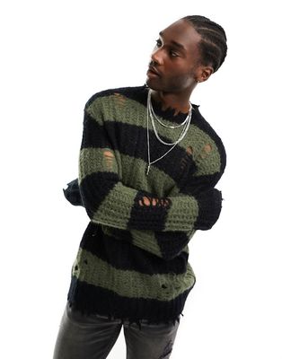 AllSaints Sid crew neck knit distressed sweater in black and green stripe