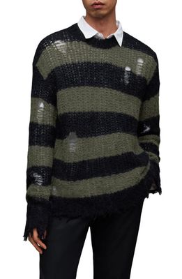 AllSaints Sid Distressed Stripe Alpaca Blend Crewneck Sweater in Black/Green