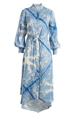AllSaints Skylar Rafaela Mixed Print Long Sleeve Linen & Silk Dress in Blue
