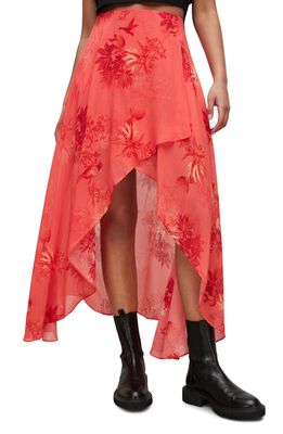 AllSaints Slvina Nila High-Low Maxi Skirt in Coral Floral