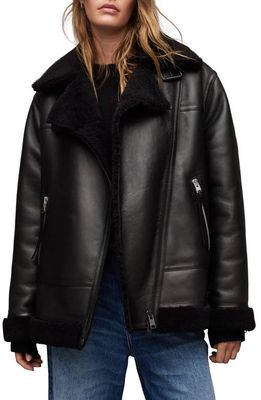 AllSaints Sola Leather & Genuine Shearling Jacket in Black