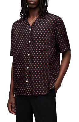 AllSaints Stellar Mass Relaxed Fit Star Print Camp Shirt in Jet Black
