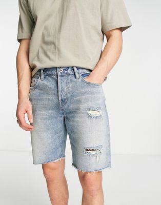 AllSaints switch ripped shorts in light wash-Blue