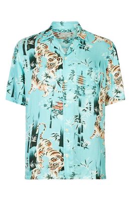 AllSaints Tagise Relaxed Fit Tiger Print Short Sleeve Button-Up Shirt in Cyan Blue