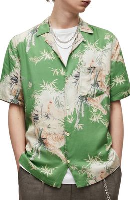 AllSaints Timor Relaxed Fit Tiger Print Short Sleeve Button-Up Shirt in Basil Green