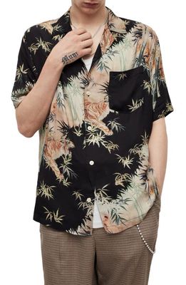 AllSaints Timor Relaxed Fit Tiger Print Short Sleeve Button-Up Shirt in Jet Black