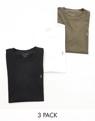 AllSaints Tonic 3 pack crew T-shirts in green, white and black-Multi