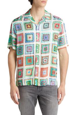 AllSaints Tunis Relaxed Fit Crochet Print Short Sleeve Button-Up Camp Shirt in White