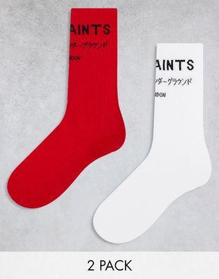 AllSaints Underground 2 pack socks in red and white-Multi