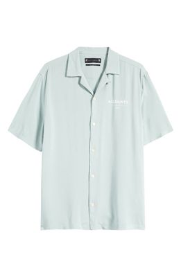 AllSaints Underground Logo Short Sleeve Camp Shirt in Teal Green