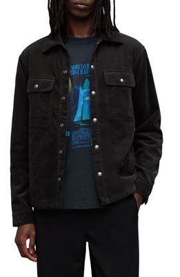 AllSaints Vega Organic Cotton Blend Corduroy Snap-Up Shirt Jacket in Black