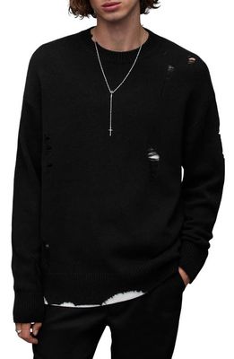 AllSaints Vicious Distressed Wool & Cotton Crewneck Sweater in Black