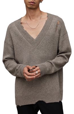 AllSaints Vicious Distressed Wool & Cotton V-Neck Sweater in Fawn Brown Marl