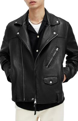 AllSaints Warner Relaxed Fit Whipstitch Leather Biker Jacket in Black