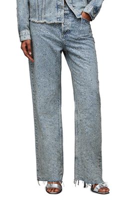 AllSaints Wendel Crystal Fray Hem Straight Leg Jeans in Light Indigo