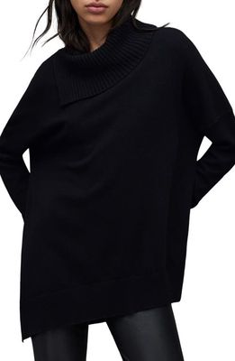 AllSaints Whitby Cashere & Wool Asymmetric Turtleneck Sweater in Black