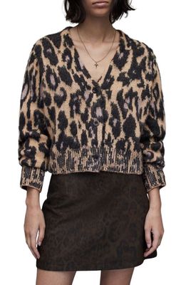 AllSaints Wick Anita Leopard Jacquard Cardigan in Taupe/Clay Pink
