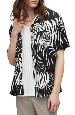AllSaints Wildcat Stripe Short Sleeve Button-Up Shirt in Cala White