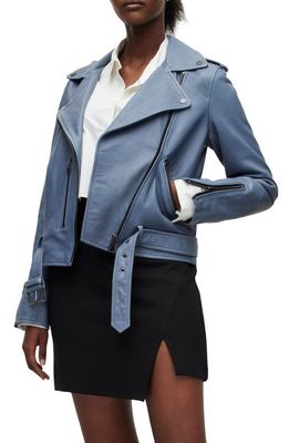 AllSaints Women's Belted Crop Leather Moto Jacket in Flint Blue