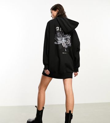 AllSaints x ASOS exclusive back graphic hoodie dress in black