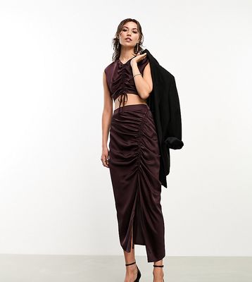 AllSaints x ASOS exclusive Carla ruched satin midi skirt in deep burgundy - part of a set-Red