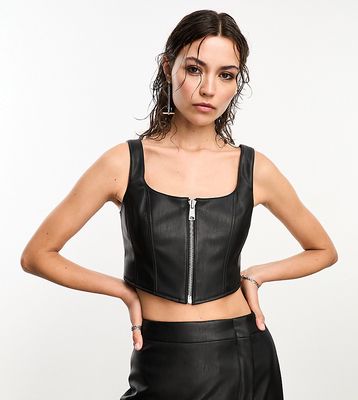 AllSaints x ASOS exclusive Odette faux leather zip up corset top in black