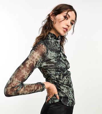AllSaints x ASOS exclusive Tia mesh long sleeve turtle neck top in black/sage-Green