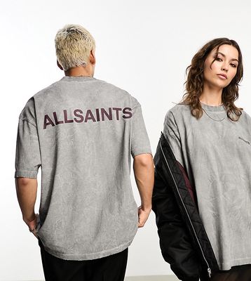 AllSaints x ASOS exclusive Tyler unisex oversized logo t-shirt in washed gray