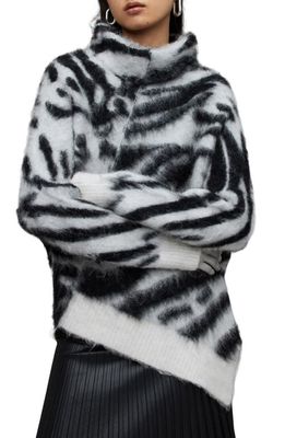 AllSaints Zebra Pattern Asymmetric Turtleneck Sweater in Chalk White/Black