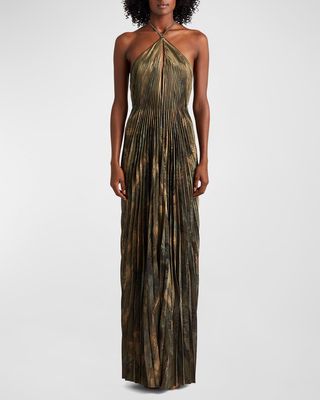 Allston Crystal Halter Metallic Pleated Gown