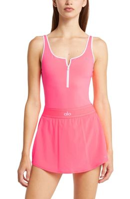 Alo Supernova Zip Front Bodysuit in Fluorescent Pink Coral/White