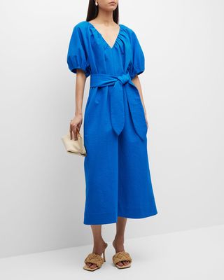 Alora Puff-Sleeve Jacquard Midi Dress