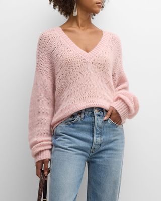 Alpaca-Blend Open Stitch V-Neck Sweater
