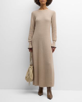 Alpaca-Cotton Ribbed Knit Long-Sleeve Maxi Sweater Dress