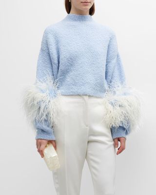 Alpaca Silk Boucle Crop Sweater With Feather Trim