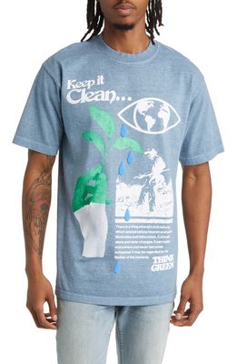 ALPHA COLLECTIVE Keep It Clean Puff Print Graphic T-Shirt in Washed Blue