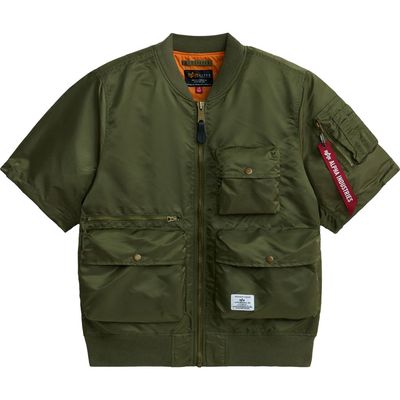 Alpha Industries Short Sleeve Zip-Up Satin Flight Jacket in Green 