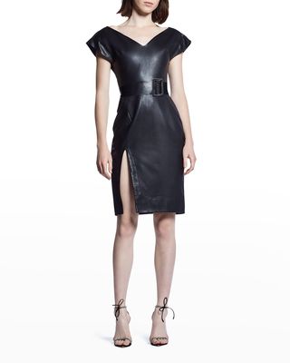 Alto Thigh-Slit Leather Dress w/ Belt