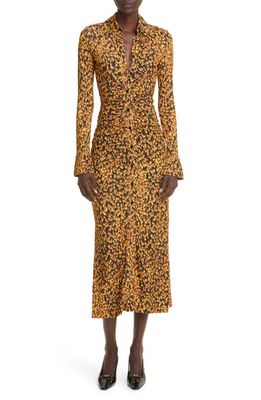 Altuzarra Claudia Feather Print Ruched Long Sleeve Shirtdress in 274845 Golden Ochre Feather