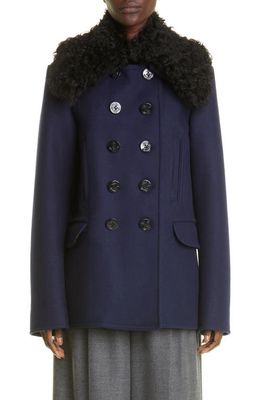 Altuzarra Mimir Wool Blend Pea Coat with Genuine Shearling Collar in Berry Blue