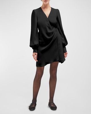 Amal Blouson-Sleeve Silk Mini Wrap Dress