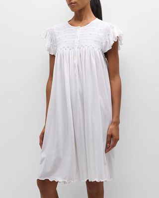 Amanda Smocked Flutter-Sleeve Cotton Nightgown