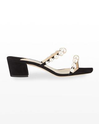 Amara Suede Pearly-Stud Slide Sandals