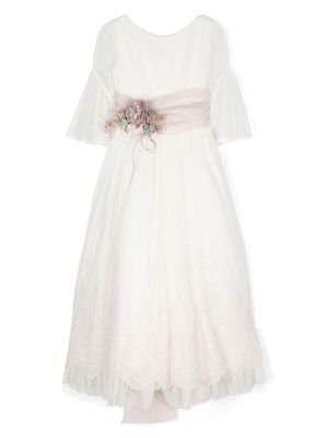 AMAYA floral-appliqué tulle-overlay dress - Neutrals