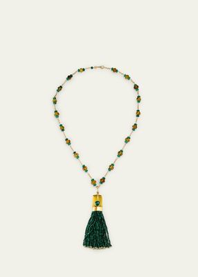 Amber and Malachite Tassel Charm on Rosary Stone Necklace