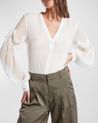 Amber Crinkled Chiffon Button-Front Blouse
