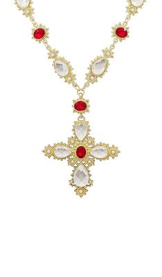 Amber Sceats Crystal Cross Necklace in Metallic Gold.