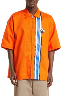 Ambush Gender Inclusive Stripe Short Sleeve Zip Overshirt in Vermillion Orange Wh